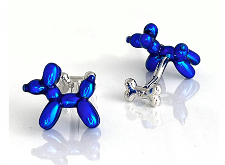 A pair of cufflinks in the shape of balloon dogs and coloured with blue enamel